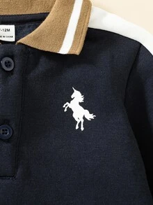 SHEIN 幼兒男童秋冬拼接撞色休閒學院風獨角馬印花長袖 Polo 運動衫 - 藏蓝色 - 查看 9