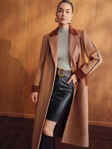 MOTF PREMIUM CONTRAST COLOR LONG PATCHWORK WOOL COAT - Camel - View 4