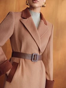 MOTF PREMIUM CONTRAST COLOR LONG PATCHWORK WOOL COAT - Camel - View 2
