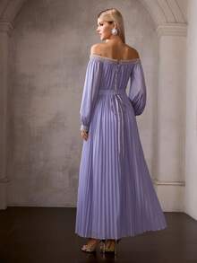MOTF Soiréza ELEGANT WOMEN'S OFF-SHOULDER LONG SLEEVE PLEATED MAXI PARTY GOWN WITH DETACHABLE BELT, BEADED & RHINESTONE EMBELLISHMENTS AT NECKLINE & CUFFS - Mauve Purple - View 4