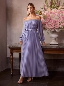 MOTF Soiréza ELEGANT WOMEN'S OFF-SHOULDER LONG SLEEVE PLEATED MAXI PARTY GOWN WITH DETACHABLE BELT, BEADED & RHINESTONE EMBELLISHMENTS AT NECKLINE & CUFFS - Mauve Purple - View 3