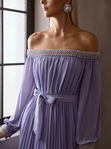 MOTF Soiréza ELEGANT WOMEN'S OFF-SHOULDER LONG SLEEVE PLEATED MAXI PARTY GOWN WITH DETACHABLE BELT, BEADED & RHINESTONE EMBELLISHMENTS AT NECKLINE & CUFFS - Mauve Purple - View 7