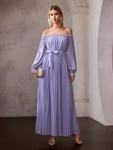 MOTF Soiréza ELEGANT WOMEN'S OFF-SHOULDER LONG SLEEVE PLEATED MAXI PARTY GOWN WITH DETACHABLE BELT, BEADED & RHINESTONE EMBELLISHMENTS AT NECKLINE & CUFFS - Mauve Purple - View 6