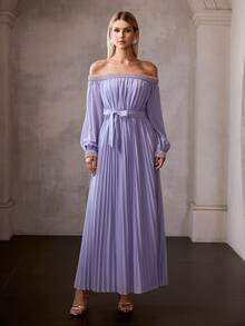 MOTF Soiréza ELEGANT WOMEN'S OFF-SHOULDER LONG SLEEVE PLEATED MAXI PARTY GOWN WITH DETACHABLE BELT, BEADED & RHINESTONE EMBELLISHMENTS AT NECKLINE & CUFFS - Mauve Purple - View 5