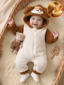 SHEIN Vintaside Kids 1件男嬰幼兒連身連帽衣，可愛甜美棕色白色狗耳拼接毛絨長袖加厚連帽連身褲，適合冬季秋季節日 - 棕色 - 查看 1