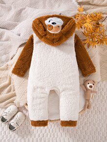 SHEIN Vintaside Kids 1件男嬰幼兒連身連帽衣，可愛甜美棕色白色狗耳拼接毛絨長袖加厚連帽連身褲，適合冬季秋季節日 - 棕色 - 查看 2