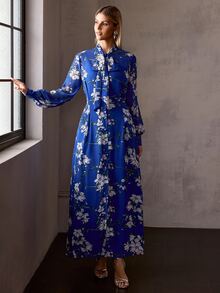 MOTF Soiréza Gaun pesta maxi lengan panjang elegan untuk wanita dengan detail ikat leher dan motif bunga acak, sempurna untuk Hari Valentine, pesta malam, pakaian tamu pernikahan, perayaan ulang tahun, pesta prom, pesta liburan, dan perayaan ulang tahun yang elegan. - Royal Blue - View 5