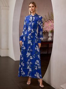 MOTF Soiréza Gaun pesta maxi lengan panjang elegan untuk wanita dengan detail ikat leher dan motif bunga acak, sempurna untuk Hari Valentine, pesta malam, pakaian tamu pernikahan, perayaan ulang tahun, pesta prom, pesta liburan, dan perayaan ulang tahun yang elegan. - Royal Blue - View 7