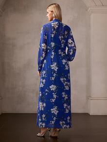 MOTF Soiréza Gaun pesta maxi lengan panjang elegan untuk wanita dengan detail ikat leher dan motif bunga acak, sempurna untuk Hari Valentine, pesta malam, pakaian tamu pernikahan, perayaan ulang tahun, pesta prom, pesta liburan, dan perayaan ulang tahun yang elegan. - Royal Blue - View 4