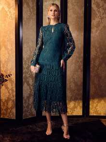 MOTF PREMIUM WOMEN'S SOLID COLOR WATER-SOLUBLE FLORAL LONG SLEEVE PLEATED MID-LENGTH DRESS - Green - View 3
