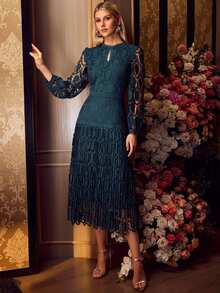 MOTF PREMIUM WOMEN'S SOLID COLOR WATER-SOLUBLE FLORAL LONG SLEEVE PLEATED MID-LENGTH DRESS - Green - View 5