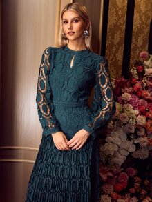 MOTF PREMIUM WOMEN'S SOLID COLOR WATER-SOLUBLE FLORAL LONG SLEEVE PLEATED MID-LENGTH DRESS - Green - View 6