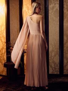 MOTF Soiréza ELEGANT ONE SHOULDER PLEATED MAXI GOWN WITH RHINESTONE & PEARL EMBELLISHED BODICE FOR WEDDING,PARTY - Champagne - View 4