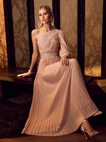 MOTF Soiréza ELEGANT ONE SHOULDER PLEATED MAXI GOWN WITH RHINESTONE & PEARL EMBELLISHED BODICE FOR WEDDING,PARTY - Champagne - View 7