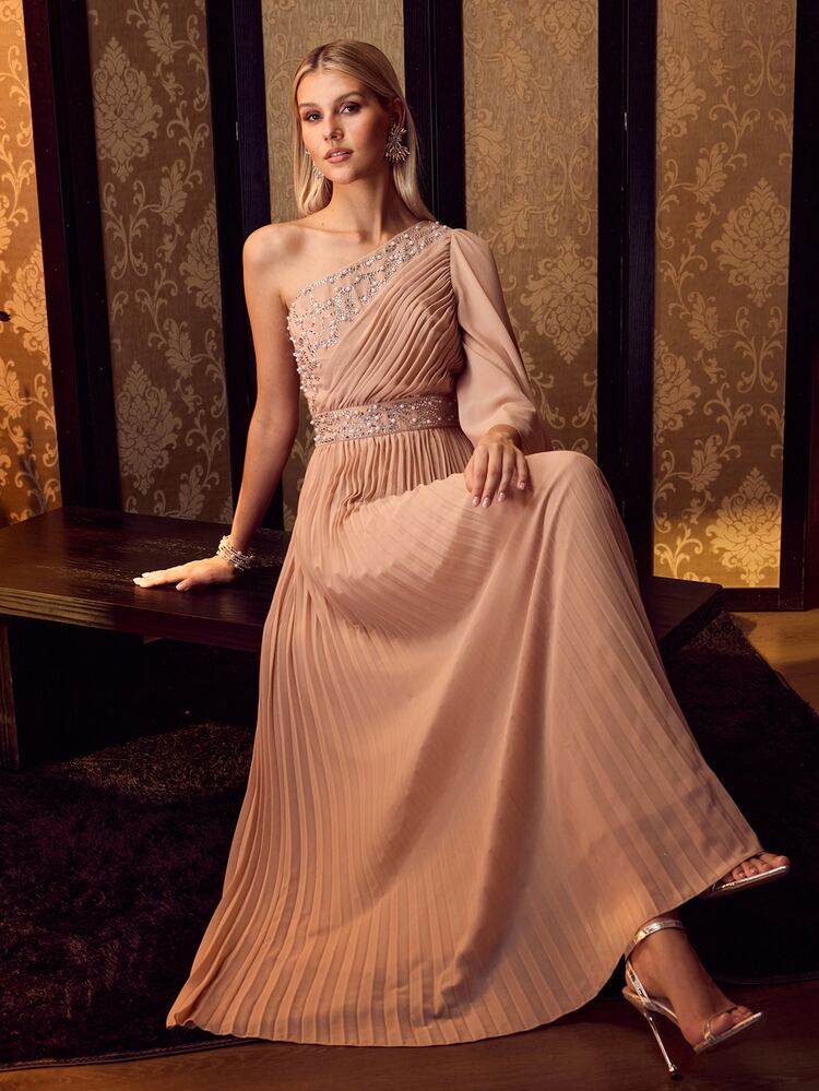 MOTF Soiréza ELEGANT ONE SHOULDER PLEATED MAXI GOWN WITH RHINESTONE & PEARL EMBELLISHED BODICE FOR WEDDING,PARTY - Champagne - View 6