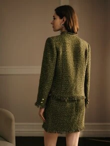 MOTF PREMIUM GREEN TWEED FRAYED EDGE SINGLE-BREASTED LONG SLEEVE OVERCOAT - Green - View 4
