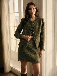 MOTF PREMIUM GREEN TWEED FRAYED EDGE SINGLE-BREASTED LONG SLEEVE OVERCOAT - Green - View 7