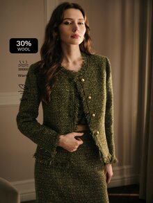 MOTF PREMIUM GREEN TWEED FRAYED EDGE SINGLE-BREASTED LONG SLEEVE OVERCOAT - Green - View 2