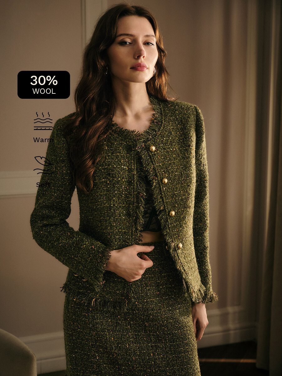 MOTF PREMIUM GREEN TWEED FRAYED EDGE SINGLE-BREASTED LONG SLEEVE OVERCOAT - Green - View 2
