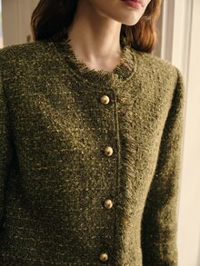 MOTF PREMIUM GREEN TWEED FRAYED EDGE SINGLE-BREASTED LONG SLEEVE OVERCOAT - Green - View 3