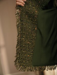 MOTF PREMIUM GREEN TWEED FRAYED EDGE SINGLE-BREASTED LONG SLEEVE OVERCOAT - Green - View 8