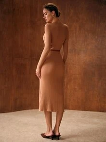 MOTF PREMIUM AUTUMN/WINTER ROUND NECK RIBBED KNIT SWEATER DRESS - Khaki - View 3