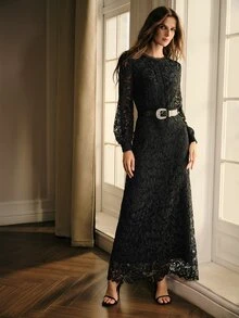 MOTF PREMIUM VINTAGE LACE HOLLOW OUT ELEGANT WOMEN'S DRESS - Black - View 4