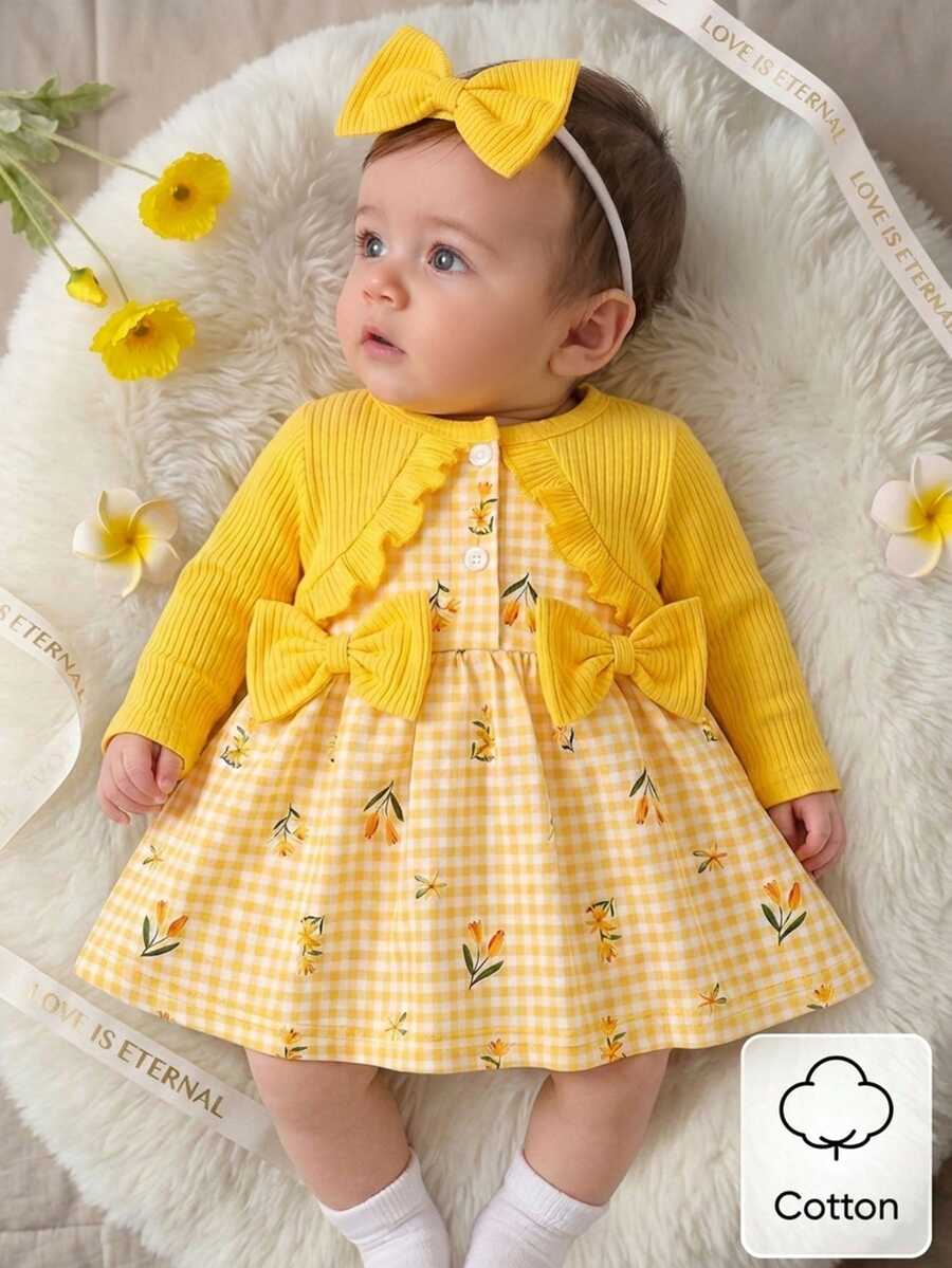 SHEIN Newborn Baby Girl's Summer Cute Dress&Matching Headband 2 Pieces Set Long Sleeved Floral Clothes Autumn Fall