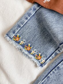 Vintaside Kids 2件組女嬰上衣與牛仔褲套裝，甜美棕藍色花卉刺繡百褶長袖圓領，生日派對秋季假期婚禮賓客裝飾流蘇 - 棕色 - 查看 5