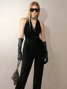 MOTF PREMIUM WOMEN'S AUTUMN/WINTER FASHION DRAPED NECK COWL NECK SEQUIN JUMPSUIT FOR URBAN PARTY, DATE AND COCKTAIL - Black - View 5