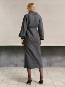MOTF PREMIUM FASHIONABLE WAIST-CINCHING LAPEL COLLAR SLIT MID-LENGTH DRESS - Dark Grey - View 7