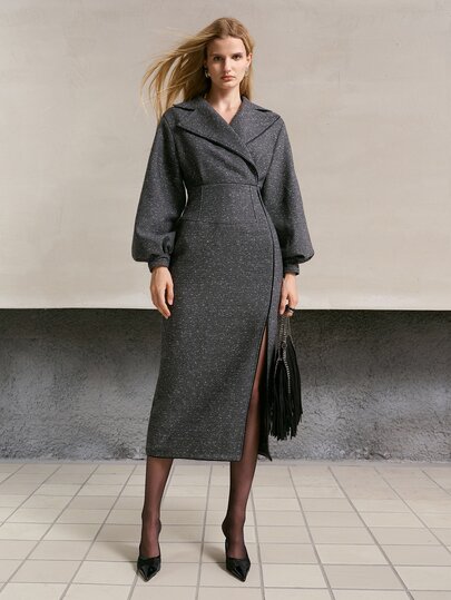 MOTF PREMIUM FASHIONABLE WAIST-CINCHING LAPEL COLLAR SLIT MID-LENGTH DRESS