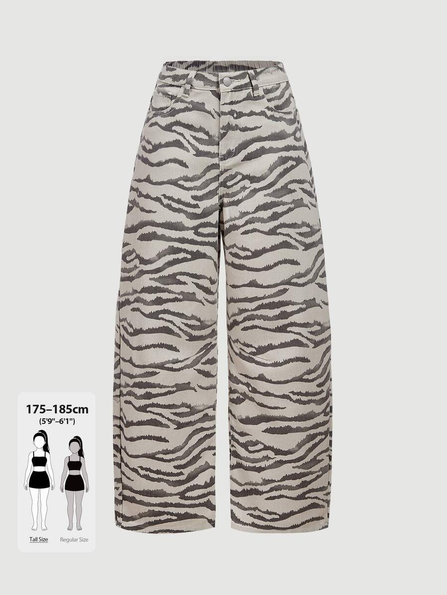 SHEIN Tall 女款休閒日常牛仔褲,附口袋與鈕扣,全印花設計 - 白色 - 查看 1