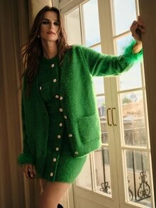 MOTF PREMIUM Áo khoác cardigan len dệt lông vũ phối patchwork cho nữ, mùa thu/đông - xanh quân đội - Xem 4
