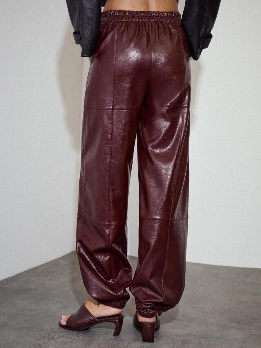 MOTF PREMIUM ELASTIC WAIST PU CUFFED LONG PANTS - Burgundy - View 2