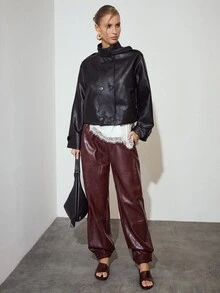 MOTF PREMIUM ELASTIC WAIST PU CUFFED LONG PANTS - Burgundy - View 4