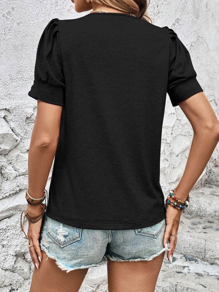 Medorina Women's Casual Solid Color Puff Sleeve T-Shirt, Versatile For Summer,Casual - Black - View 2