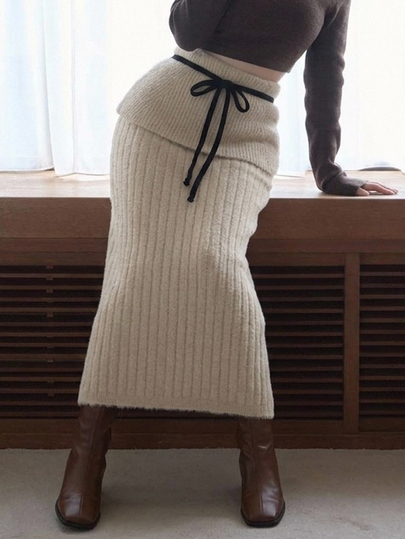 FRIFUL Women's Colorblock Casual Mature Elegant Daily Wear Knitted Skirt Office Brunch Beige Fall