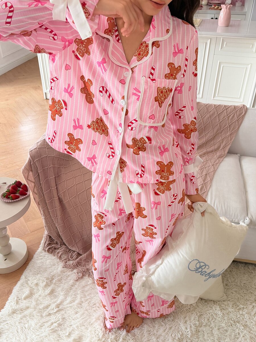SweetSlumber طقم بيجامة نسائي لعيد الميلاد مخطط برجل الزنجبيل مع ياقة فيونكة بألوان متباينة وأكمام طويلة وبنطال - وردي - مشاهدة 1