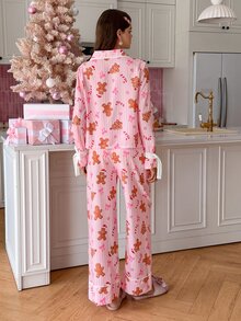 SweetSlumber طقم بيجامة نسائي لعيد الميلاد مخطط برجل الزنجبيل مع ياقة فيونكة بألوان متباينة وأكمام طويلة وبنطال - وردي - مشاهدة 2