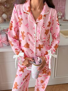 SweetSlumber طقم بيجامة نسائي لعيد الميلاد مخطط برجل الزنجبيل مع ياقة فيونكة بألوان متباينة وأكمام طويلة وبنطال - وردي - مشاهدة 4