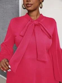 Slaydiva Plus Size Elegant Regular Shoulder Navy Blue Long Sleeve Dress With Flared Hem For Women - M Size - Pink - View 5
