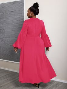 Slaydiva Plus Size Elegant Regular Shoulder Navy Blue Long Sleeve Dress With Flared Hem For Women - M Size - Pink - View 2