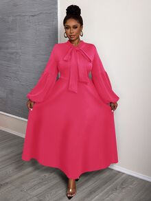 Slaydiva Plus Size Elegant Regular Shoulder Navy Blue Long Sleeve Dress With Flared Hem For Women - M Size - Pink - View 3