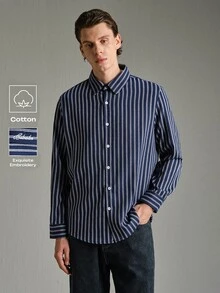 Calmiston Men's Striped Casual Daily Wear Shirt Festival Boys Fall/Winter Daily New Polo - Navy Blue - View 4
