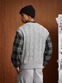 TOKVUE Men's Autumn/Winter Cable Knit V-Neck Casual Versatile Knit Vest - Grey - View 2