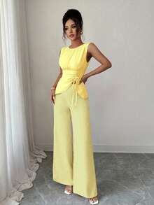Elenzga Women's Chiffon Halter Asymmetrical Drawstring Hem Top + Wide Leg Pants 2 Pieces Set - Yellow - View 3