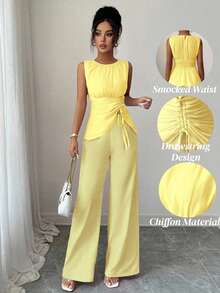 Elenzga Women's Chiffon Halter Asymmetrical Drawstring Hem Top + Wide Leg Pants 2 Pieces Set - Yellow - View 1