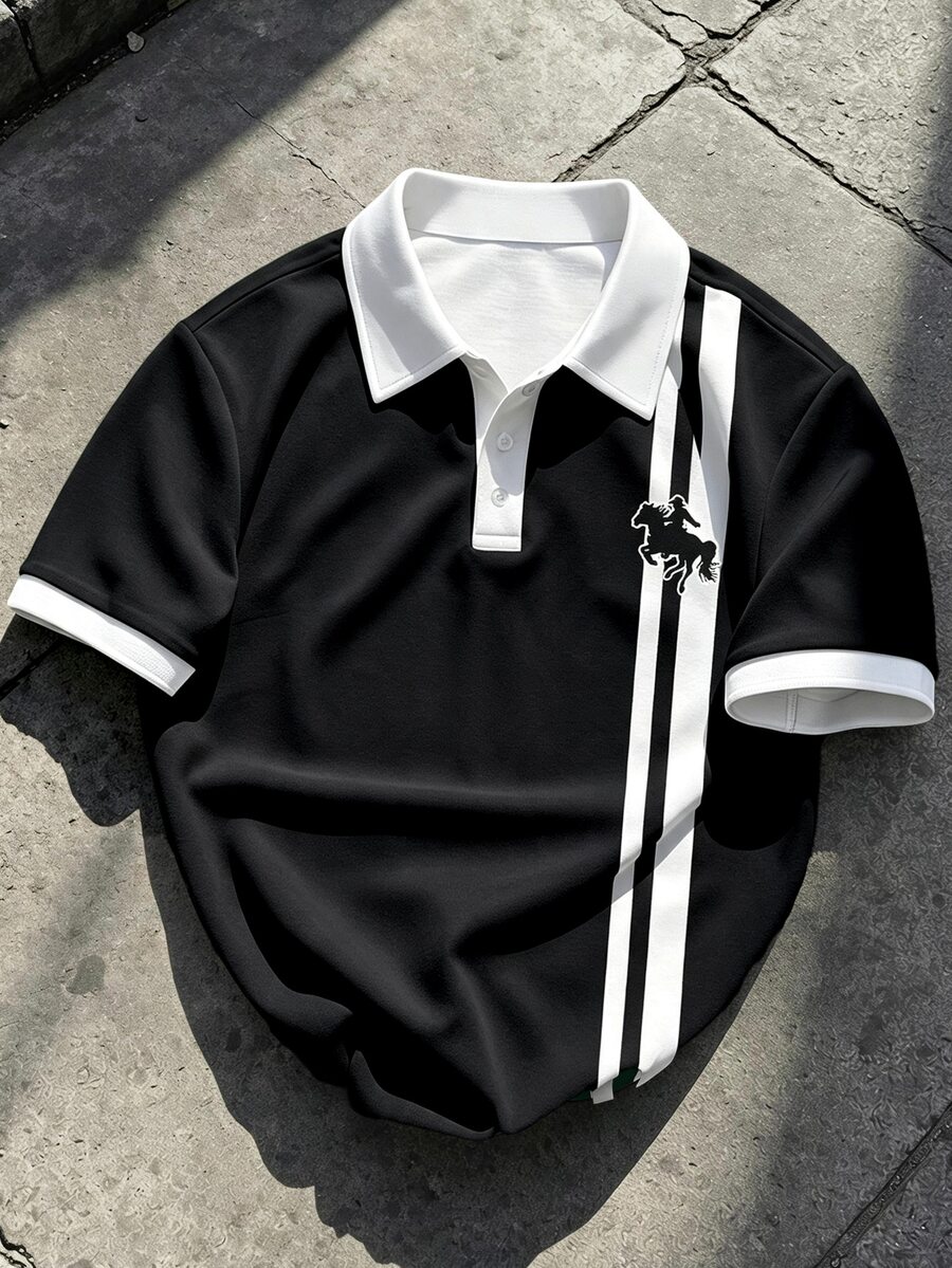 Manfinity EMRG Men's Classic Colorblock Apricot & Black Striped Horse Logo Button Polo Shirt, Summer Essential - Multicolor - View 1