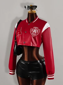 Amplova Women's PU Colorblock Letter Print Cropped Jacket - Red - View 3